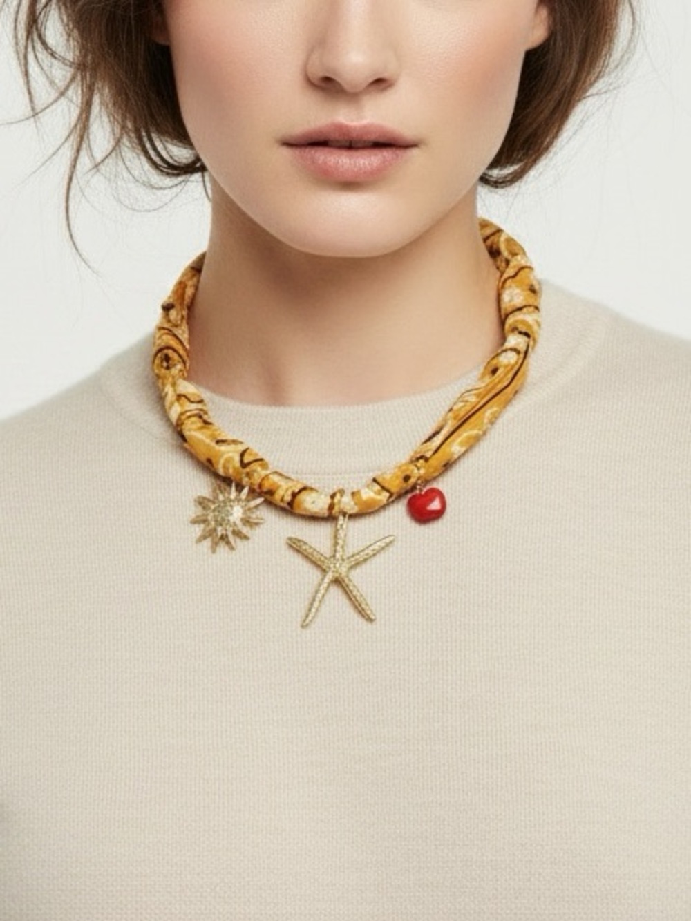 Yellow Bandana Charm Necklace with Gold Starfish & Sun & Apple Charms